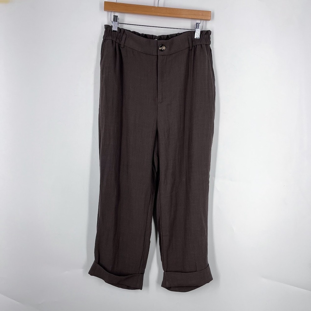 Halara Womens Brown High Waisted Cuffed Paperbag Waist Rayon Blend Trousers L